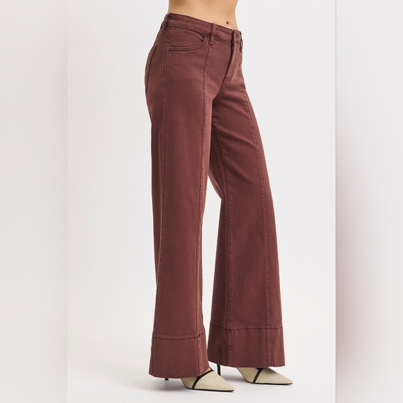 138 | Risen Chocolate Brown Mid Rise Tummy Control Wide Leg Denim - Picture 3 of 4